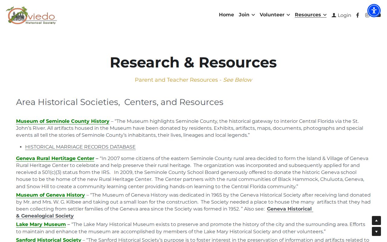 Oviedo Historical Society reference and research page
