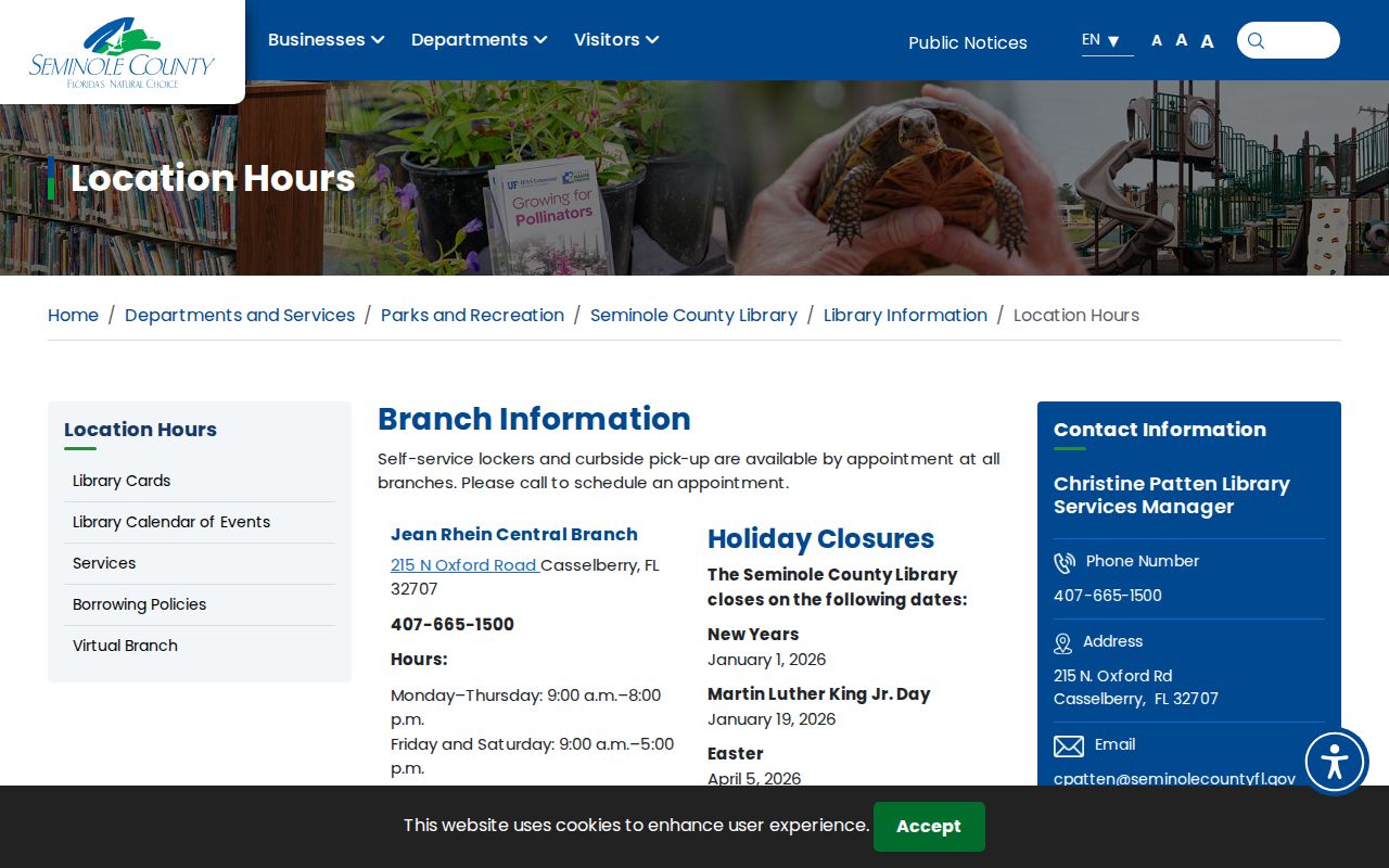 Seminole County Library branch locations and hours