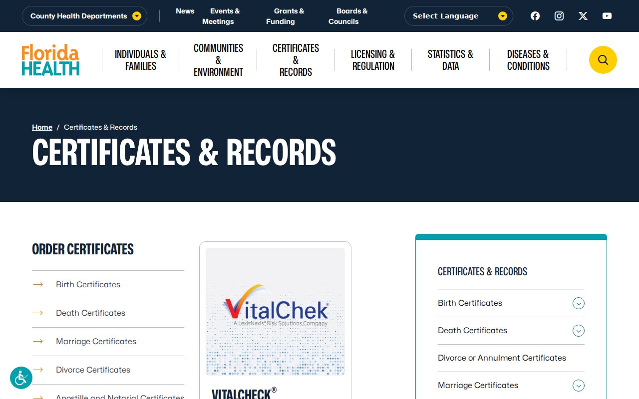 Florida vital records gateway used for Oviedo birth death marriage and divorce certificates