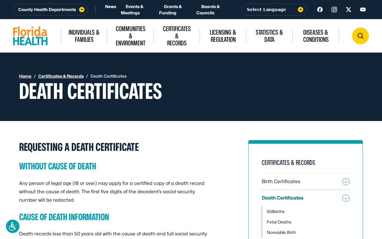 Florida death certificate access page for previous Oviedo resident research