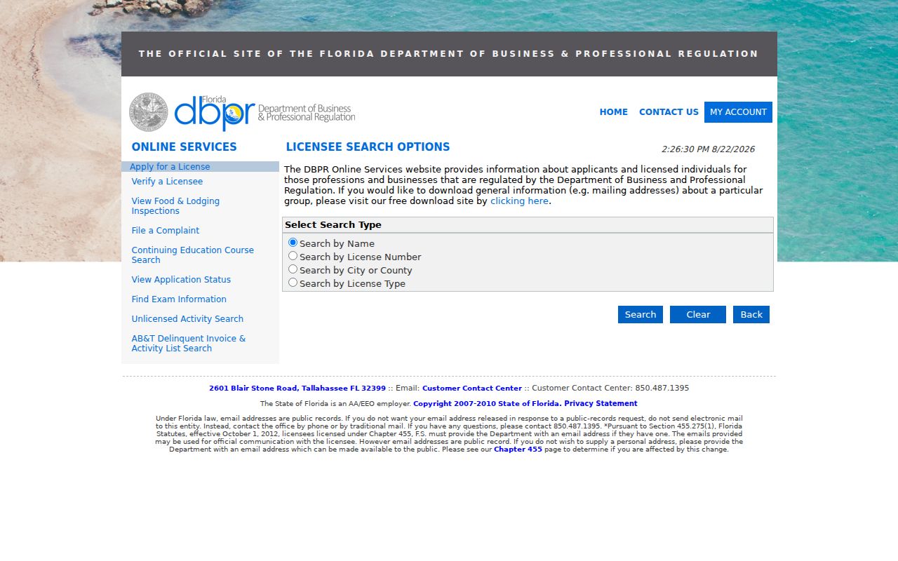 Florida professional license search for an Oviedo name