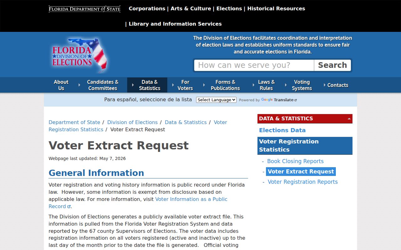 Florida voter extract request page used for ZIP filtering