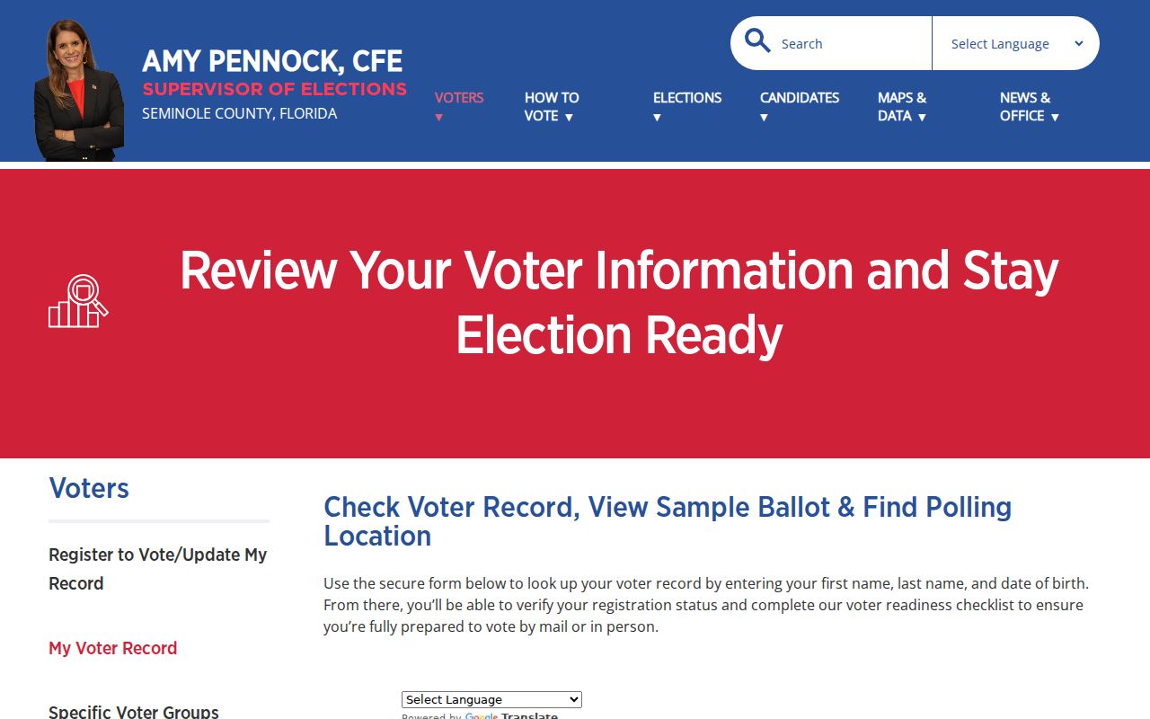 Seminole County individual voter record lookup requiring identity fields