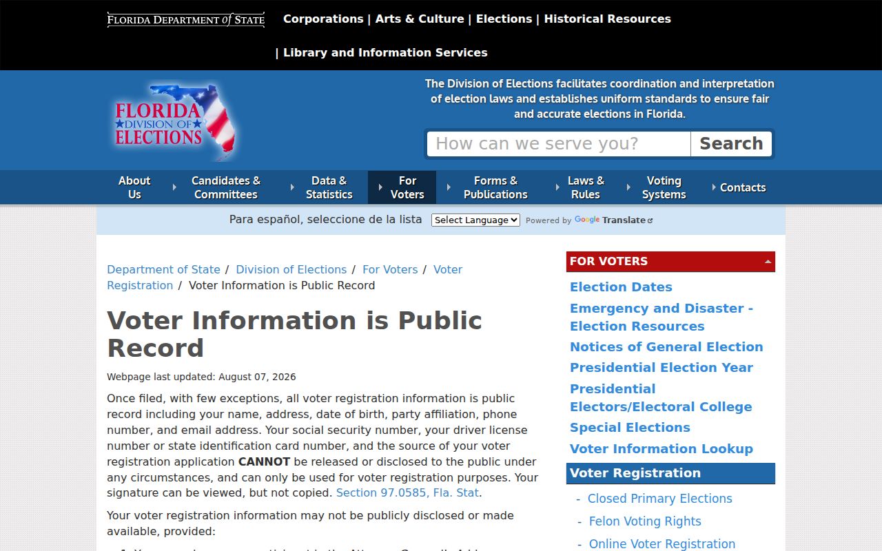 Florida Division of Elections public and protected voter fields